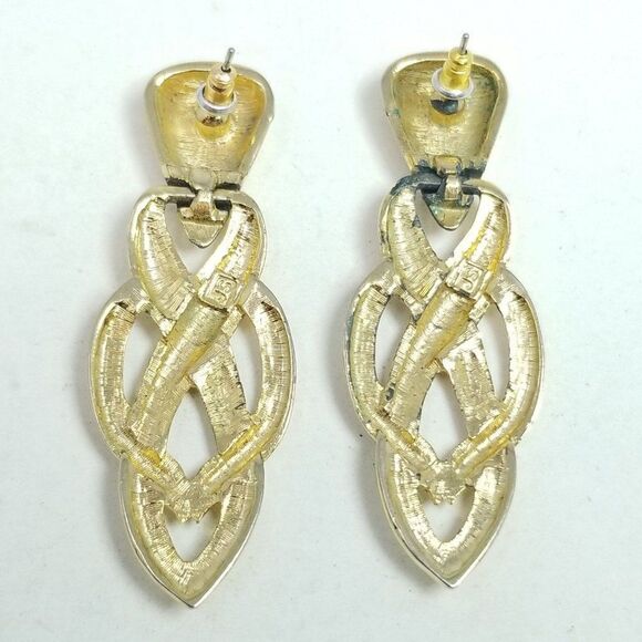 Vintage JS Signed Gold Tone Dangle Knot Design Earrings, Retro 80s Style, Estate - Picture 2 of 7